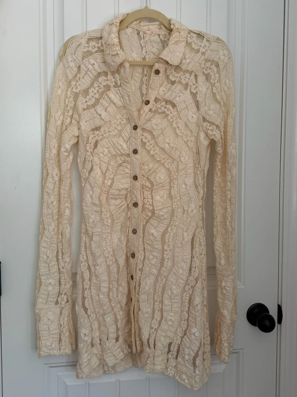 Free People Ivory Lace Blouse with Textured Dot Detail